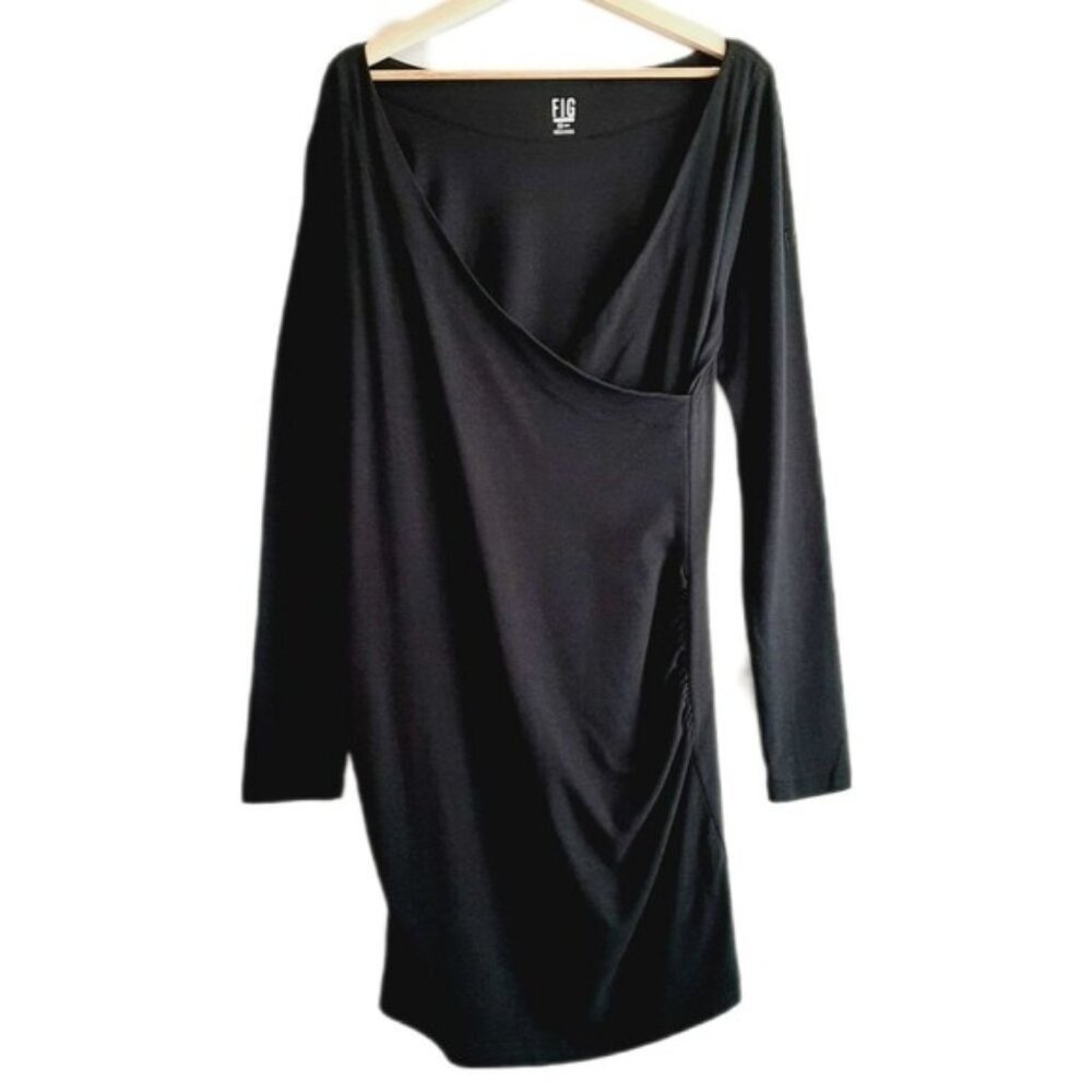 FIG Safari Faux Wrap Long Sleeve Soft & Stretchy Dress Black Sz L